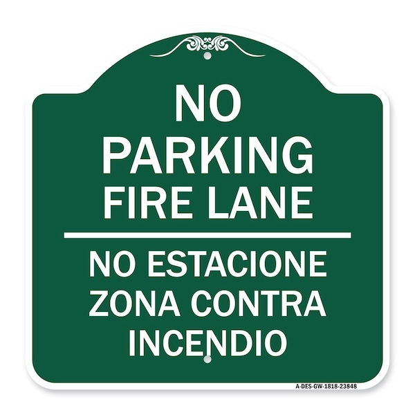 Signmission No Estacione Zona Contra Incendio, Green & White Aluminum Architectural Sign, 18" H, GW-1818-23848 A-DES-GW-1818-23848 - main